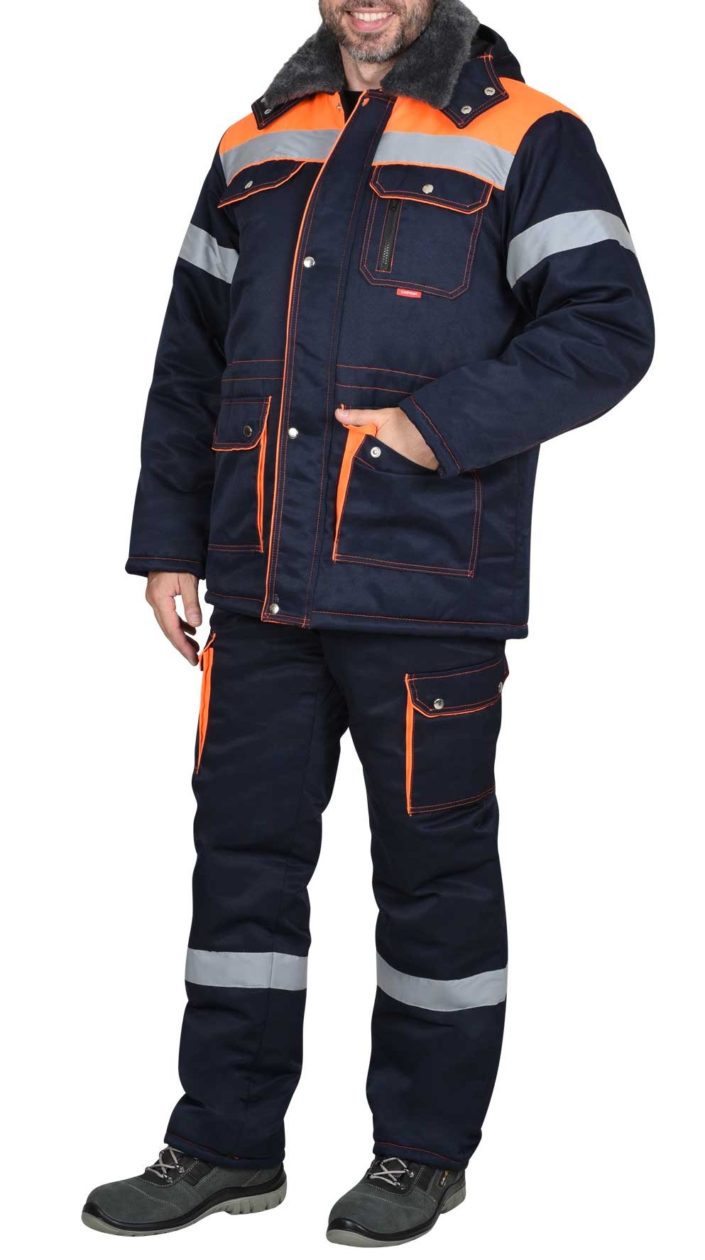 Костюм зимний "С-Лидер-М" куртка, п/к или длинная куртка, п/к (синий с оранжевым), мех. воротник, СОП - фото 1