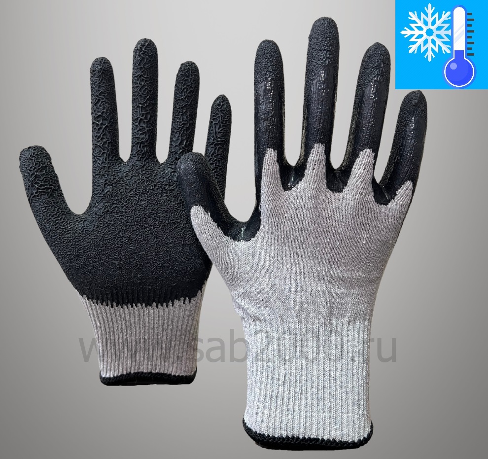 Перчатки утепленные, трикотажные с текстурированным латексным покрытием "Кулак" (с вкладышем 50% шерсть / 50% акрил), зимние, двойные (серо-черные) - фото 1
