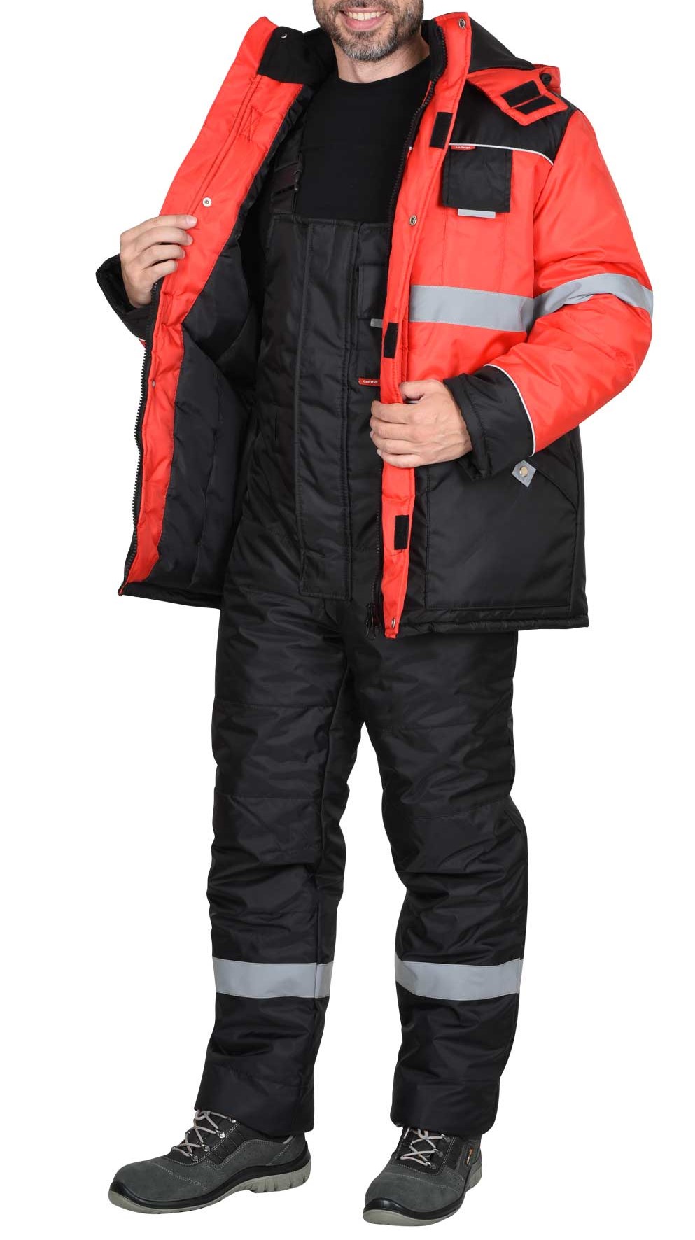 Костюм зимний "С-Норд-ДВ" куртка, п/к (черный с красным), с СОП, из ВО материала - фото 1