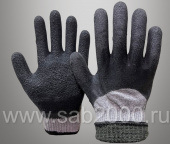 Перчатки утепленные, трикотажные с текстурированным латексным покрытием "Кулак" (с вкладышем 50% шерсть / 50% акрил), зимние, двойные (серо-черные)