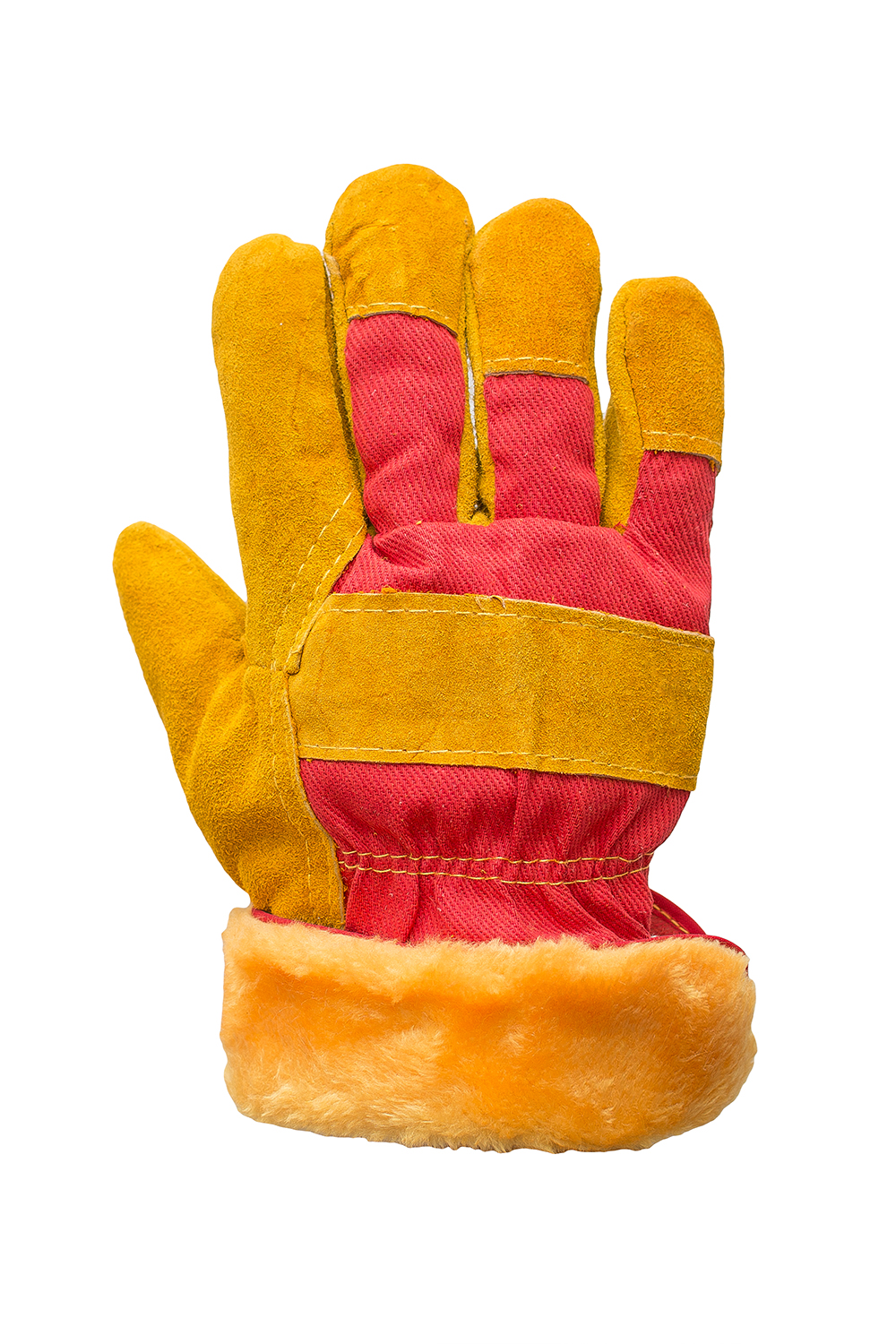 Перчатки спилковые комбинированные желто-красные, утепленные