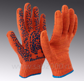 Перчатки оранжевые из смесовой пряжи с ПВХ "Медведь" (с ручным оверлоком)
