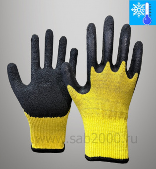 Перчатки утепленные, трикотажные с текстурированным латексным покрытием "Кулак" (с вкладышем из 100% акрила), зимние, двойные (желто-черные)